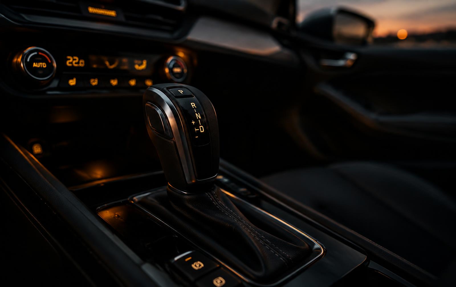 Automatic gear selector glowing in a car at dusk